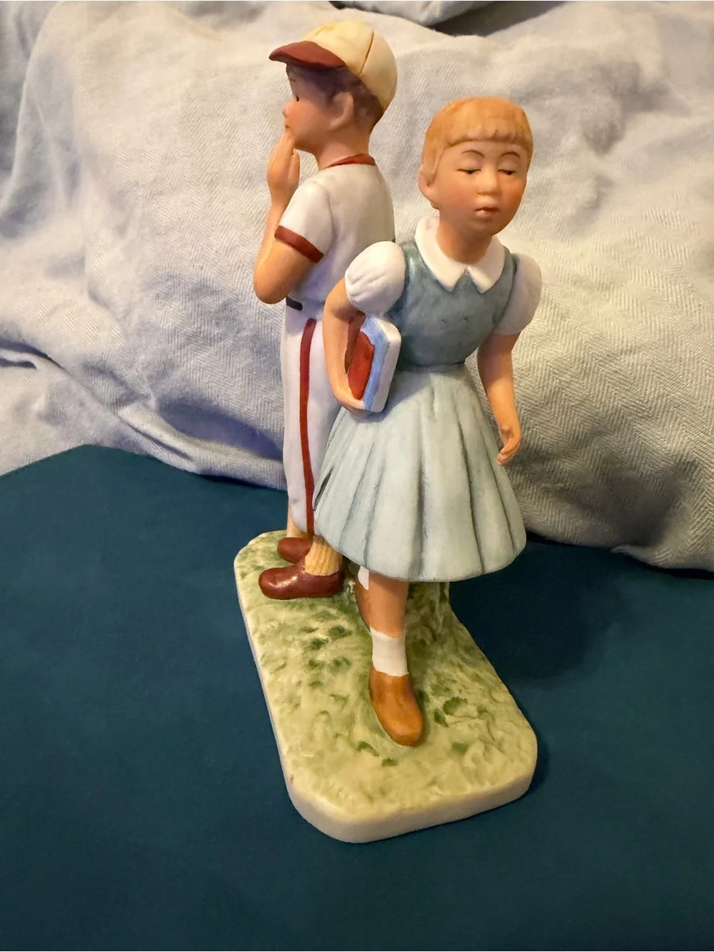Gorham Porcelain Figurine Inspired by Norman Rockwell in Cream and Blue